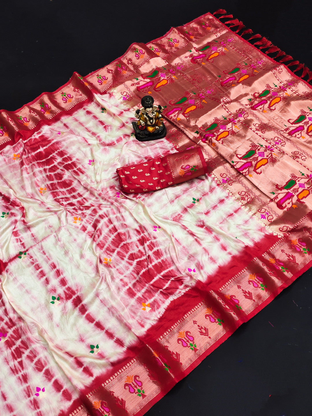 Red Color Dola Silk Saree With Shibori Print & Zari Weaving Work