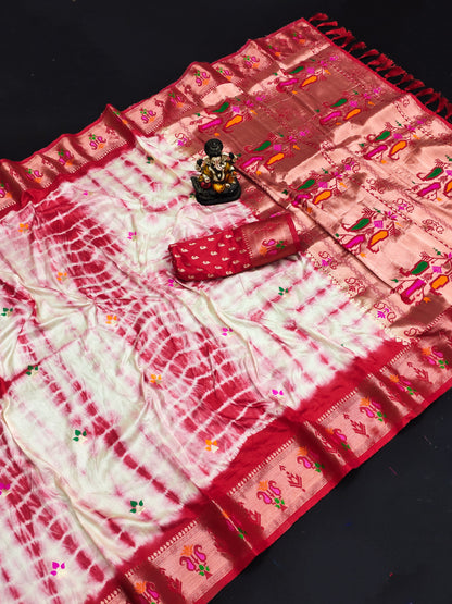 Red Color Dola Silk Saree With Shibori Print & Zari Weaving Work