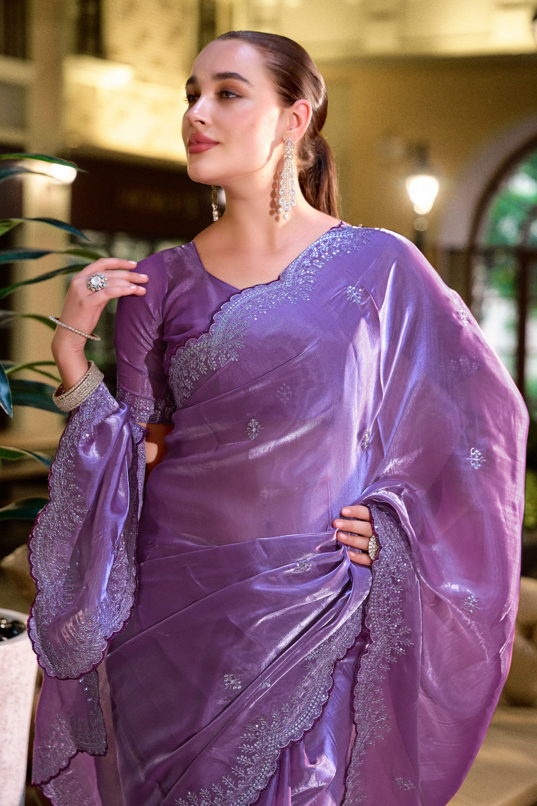 Lavender Fancy Shimmer Chiffon Saree With Embroidery Work