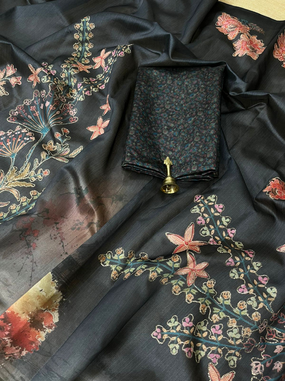 Black Kalamkari Printed Premium Tussar Silk Saree
