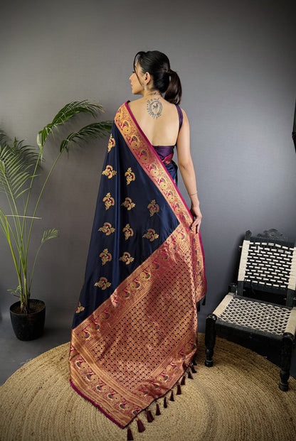 Navy Blue Traditional Banarasi Silk Saree With Zari Weaving Work