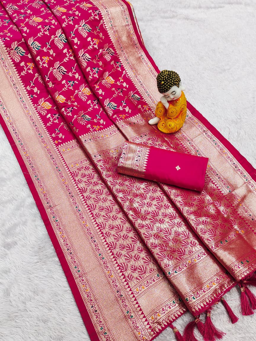 Rani Pink Premium Banarasi Silk Saree With Meenakari Zari Weaving Work