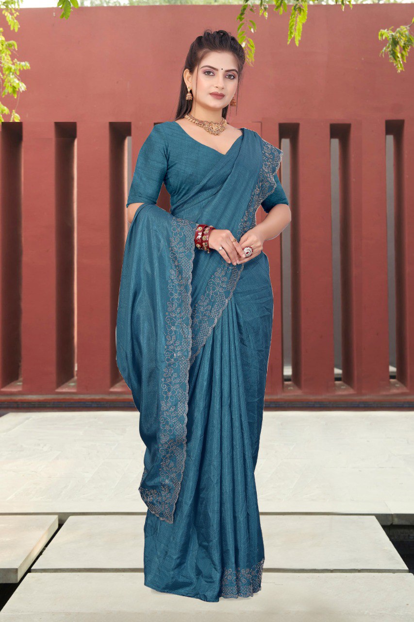 Firoji Dola Silk Saree With Siroski Work Border