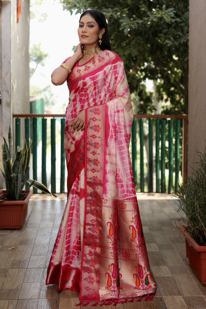 Pink Color Dola Silk Saree With Shibori Print & Zari Weaving Work
