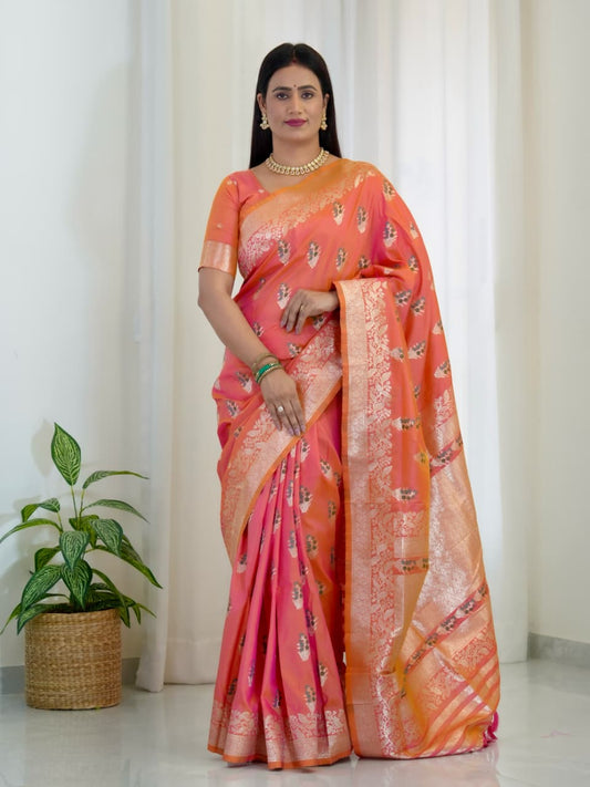 Peach Pure Soft Banarasi Saree With Meenakari Weaving Work
