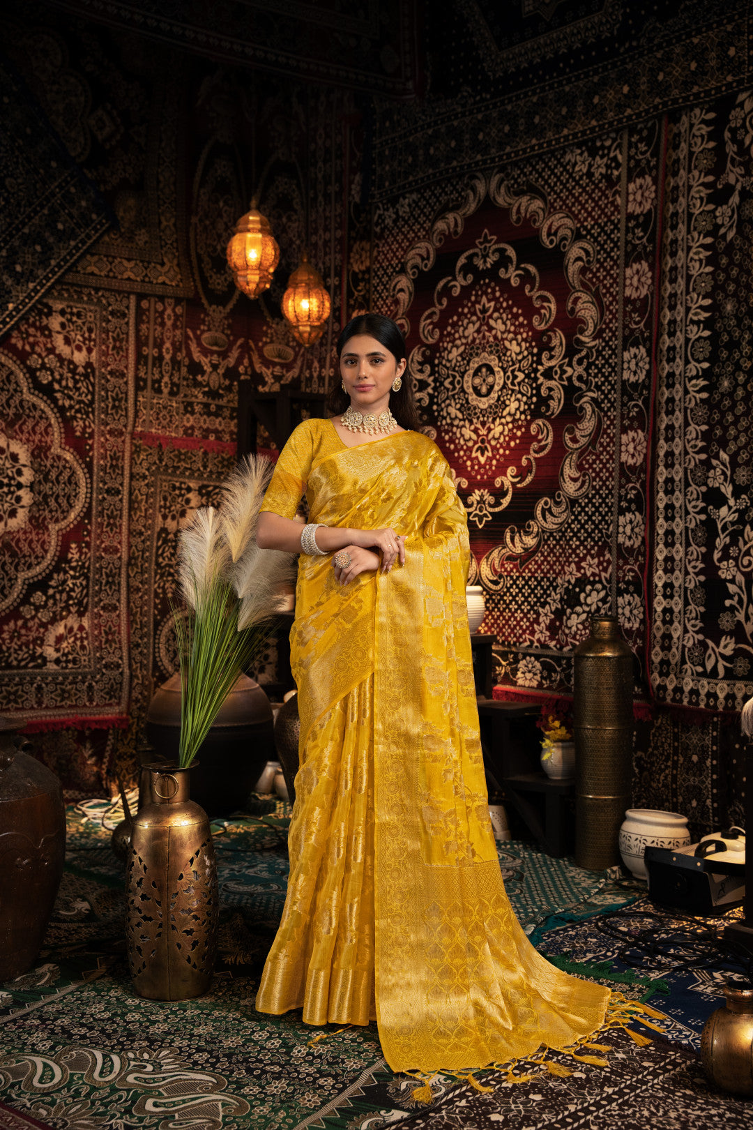 Yellow Jimmy Choo Saree With Weaving Work