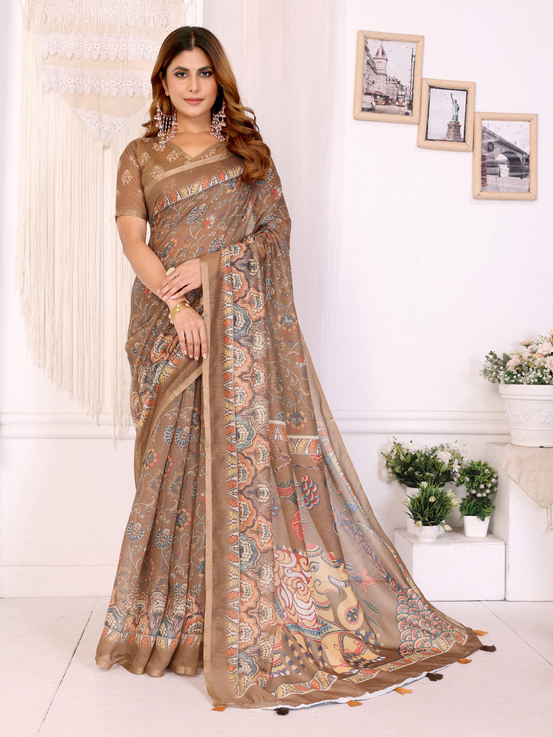 Multi Colour Chanderi Cotton Saree With Digital Printed Work