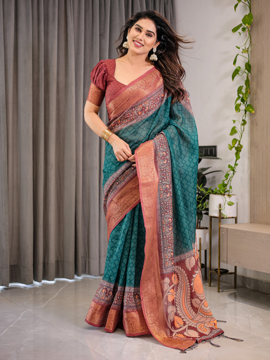 Kalamkari Digital Printed Linen Cotton Saree