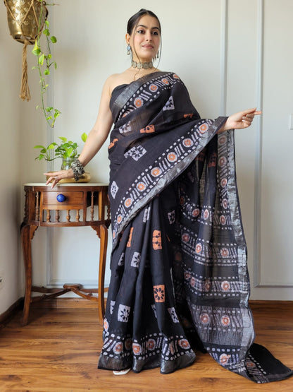 Mix Linen Cotton Saree With Batik Printed Work
