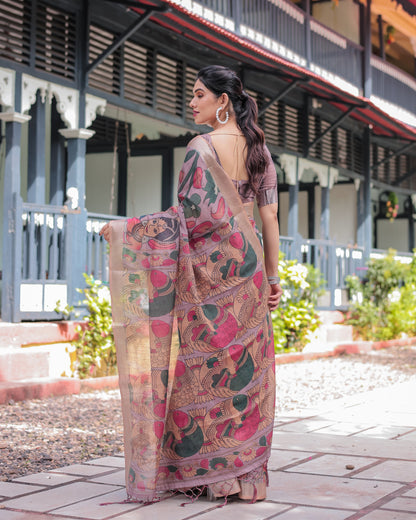Beige Soft Linen Cotton Saree With Kalamkari Digital Printed Work