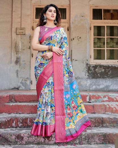 Multi Fancy Kalamkari Digital Printed Tussar Silk Saree