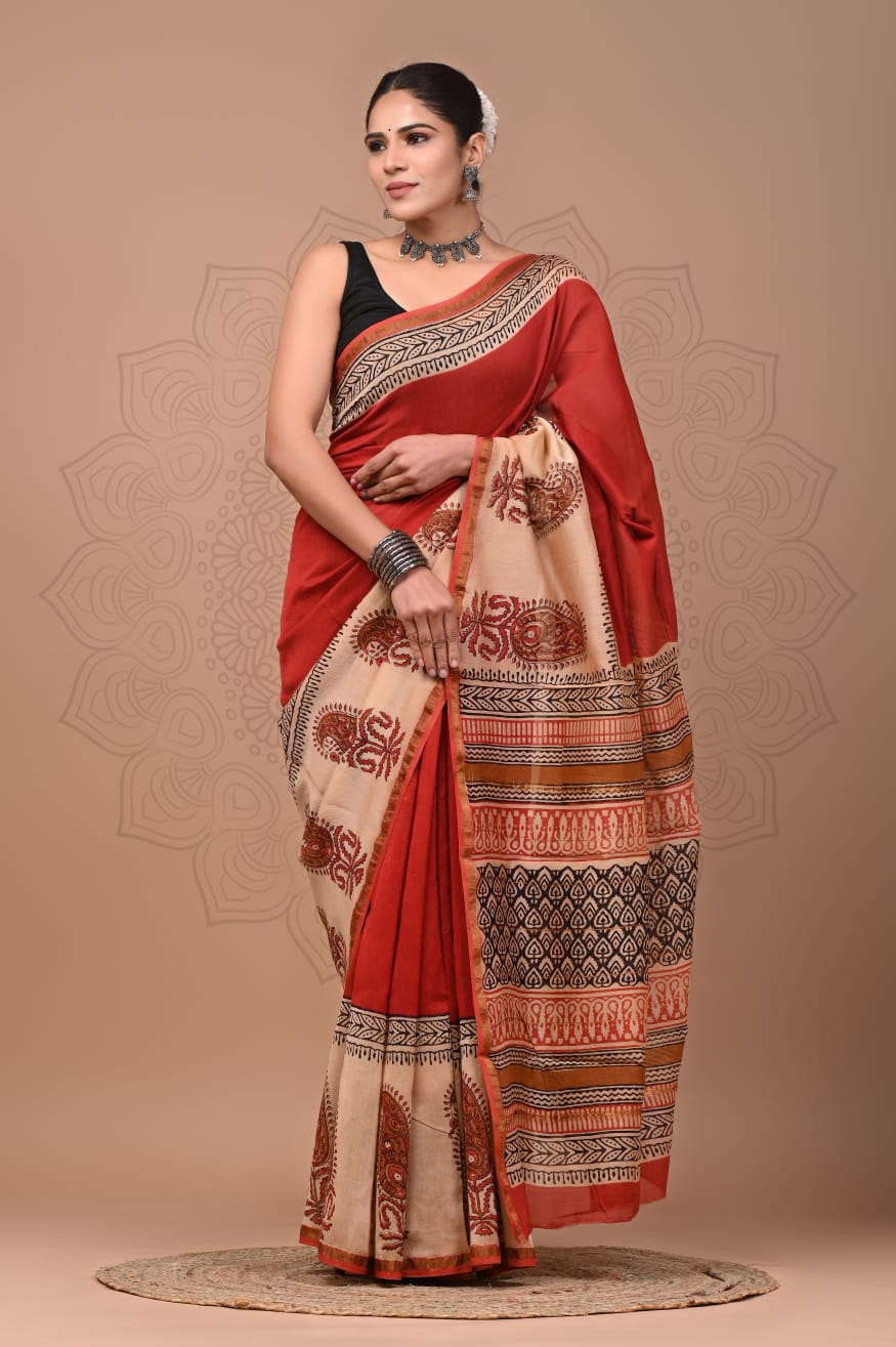 Orange Colour Pure Chanderi Silk Saree With Bagru Handblock Printed Work