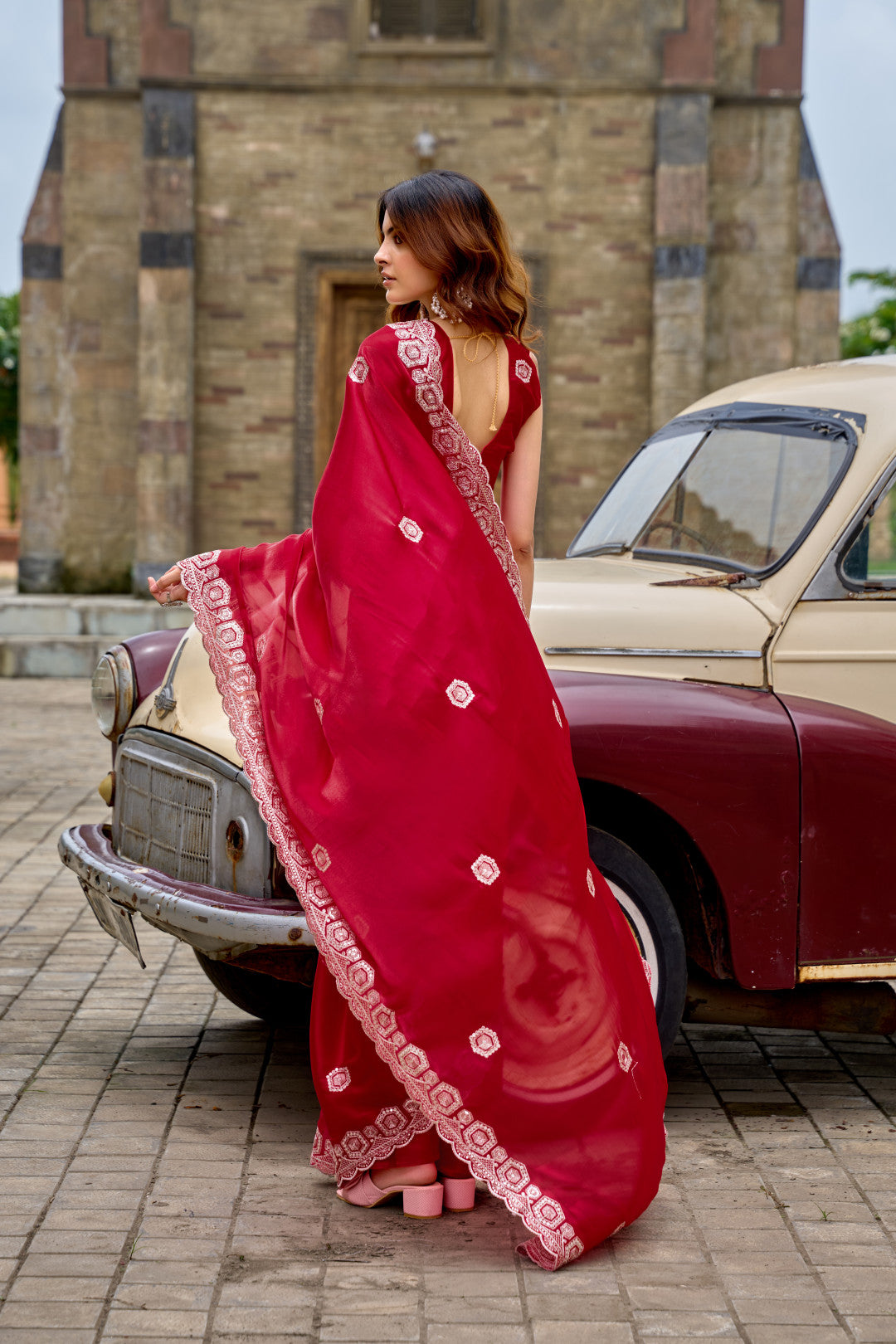Red Fancy Shimmer Chiffon Saree With Embroidery Work