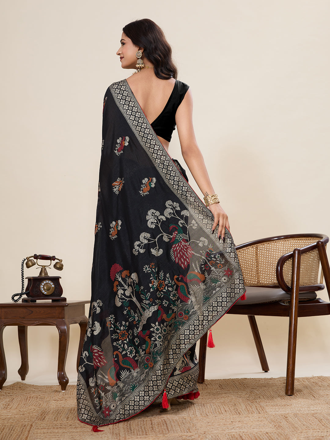 Black Cotton Saree With Table Printed And Foil Work With Pipeing Border