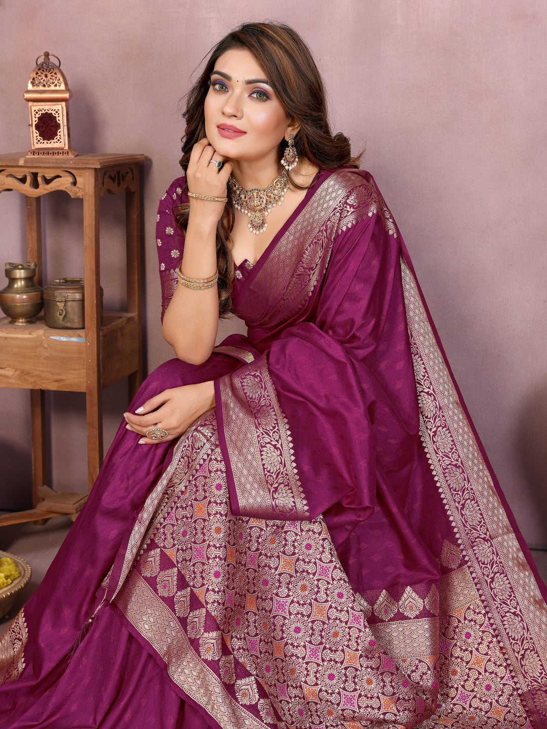 Magenta Premium Dola Silk Saree With Meenakari Weaving Work