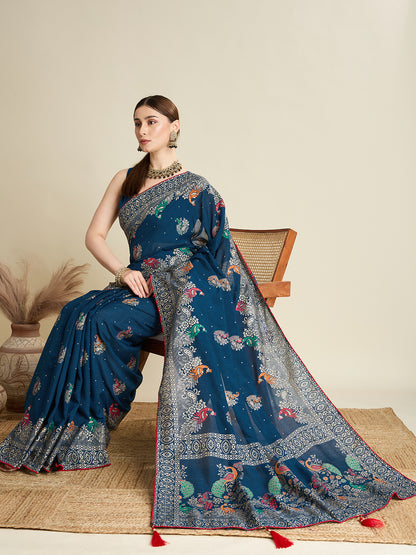 Navy Blue Cotton Saree With Table Printed And Foil Work With Pipeing Border