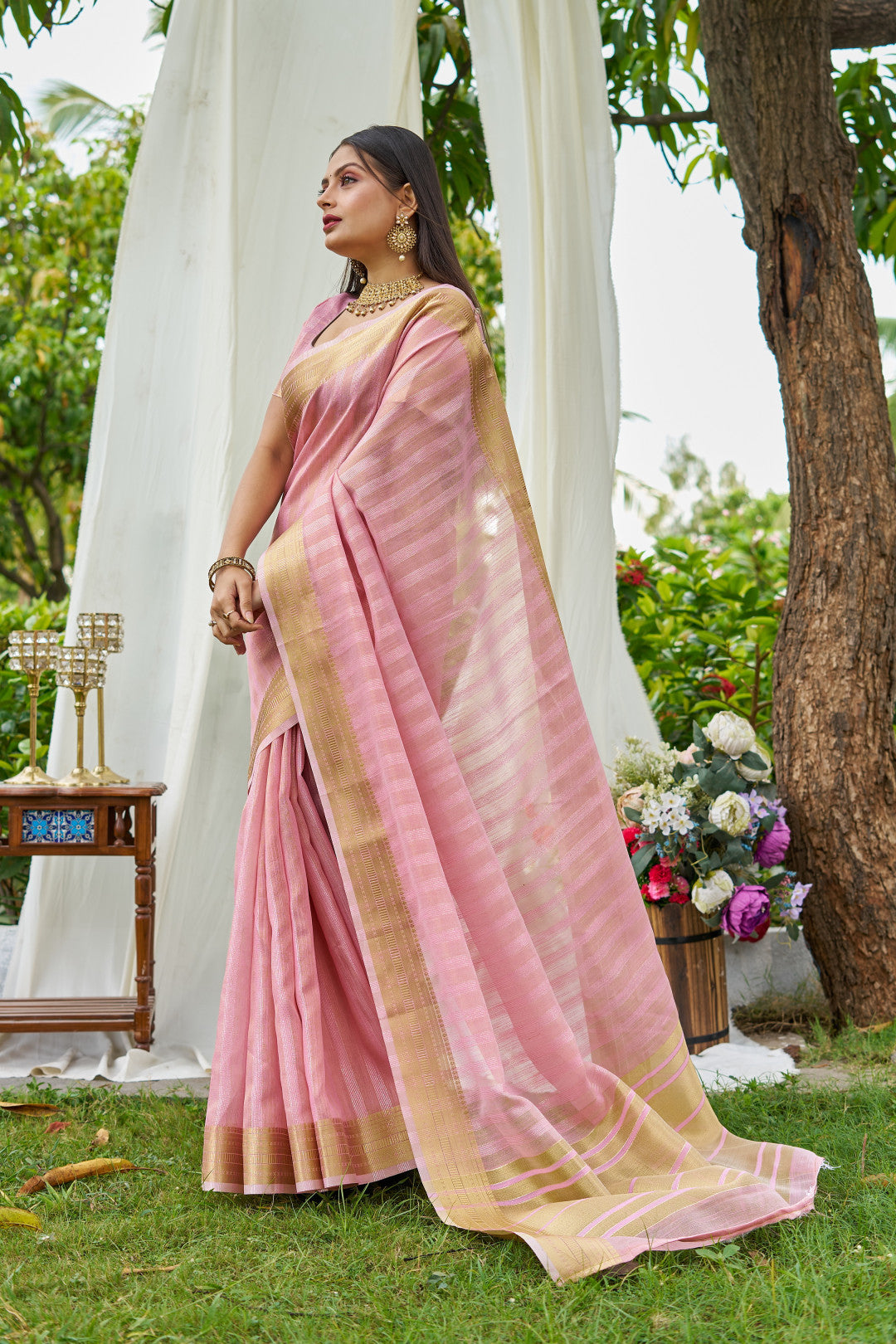 Baby Pink Colour Linen Cotton Saree With Zari Weaving Border