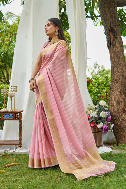 Baby Pink Colour Linen Cotton Saree With Zari Weaving Border