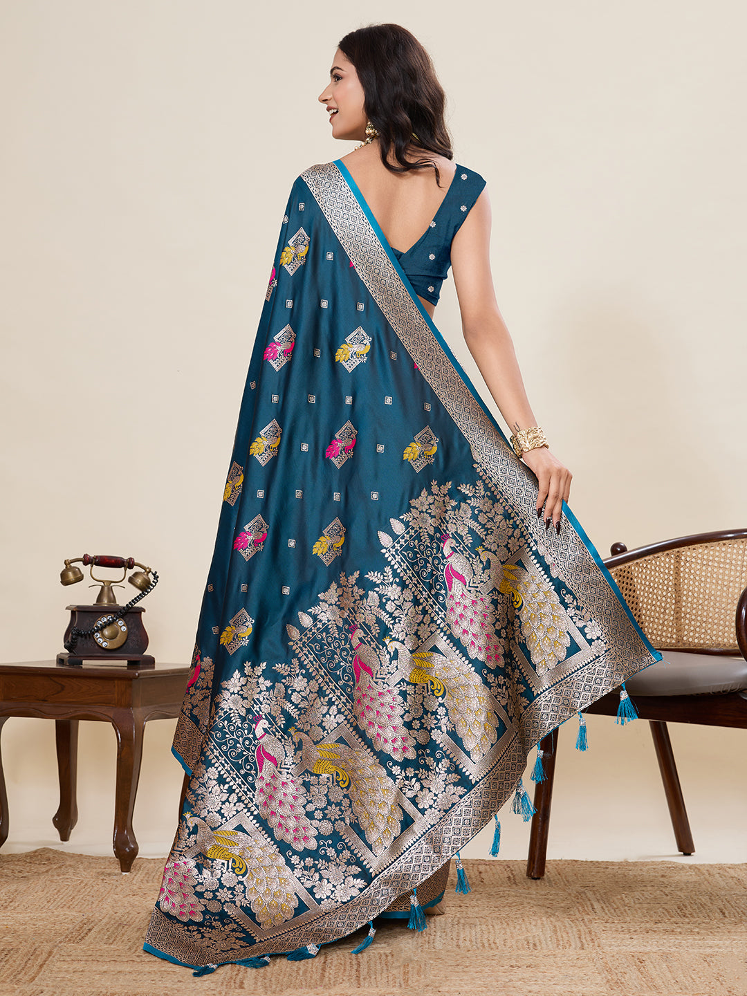 Firoji Soft Satin Silk Saree With Zari Weaving Work And Paithani Pallu