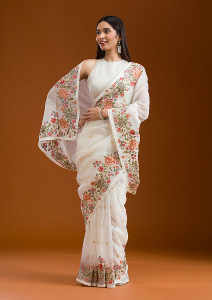 White Fancy Crunchy Silk Saree With Multi Thread Work And Piping Lace Border