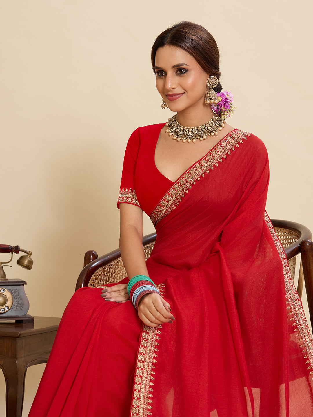 Red Soft Vichitra Silk Saree With Embroidery Work