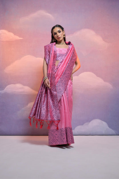 Baby Pink Color Handloom Raw Silk Saree With Contrast Weaving Work