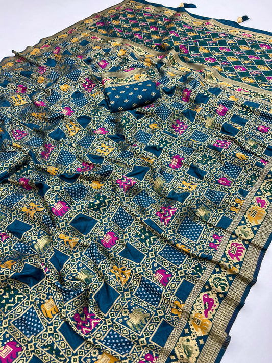 Firoji Traditional Patola Silk Saree With Meenakari Zari Weaving Work