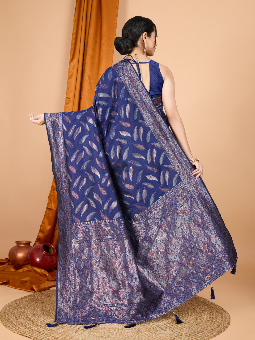 Navy Blue Traditional Banarasi Silk Saree With Zari Weaving Work