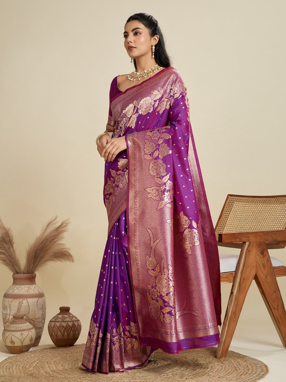 Purple Kanjivaram Silk Saree With Zari Weaving Border & Designer Rich Pallu