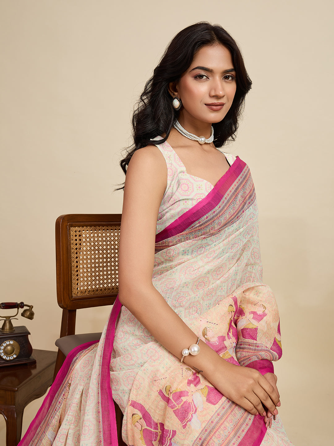 Off White Linen Cotton Saree With Digital Printed Work And Silver Zari Border