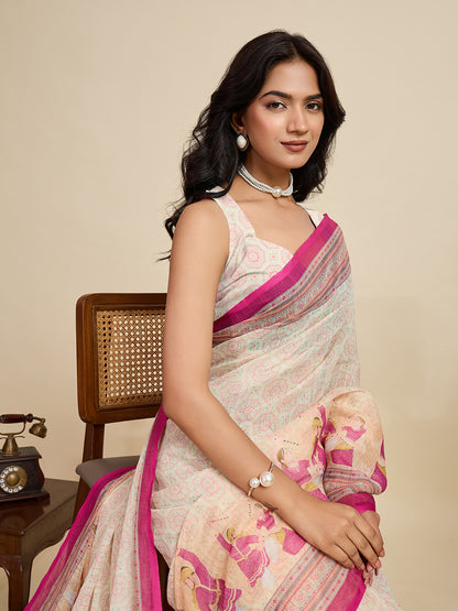 Off White Linen Cotton Saree With Digital Printed Work And Silver Zari Border