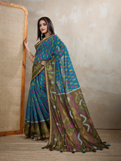 Multi Colour Chanderi Cotton Saree With Digital Printed Work