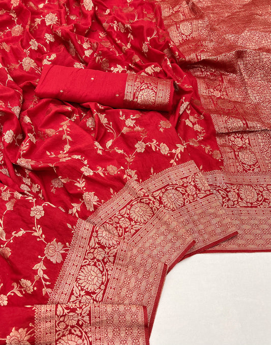 Red Luxurious Viscose Khaddi Georgette Banarasi Saree With Zari Weaving Work