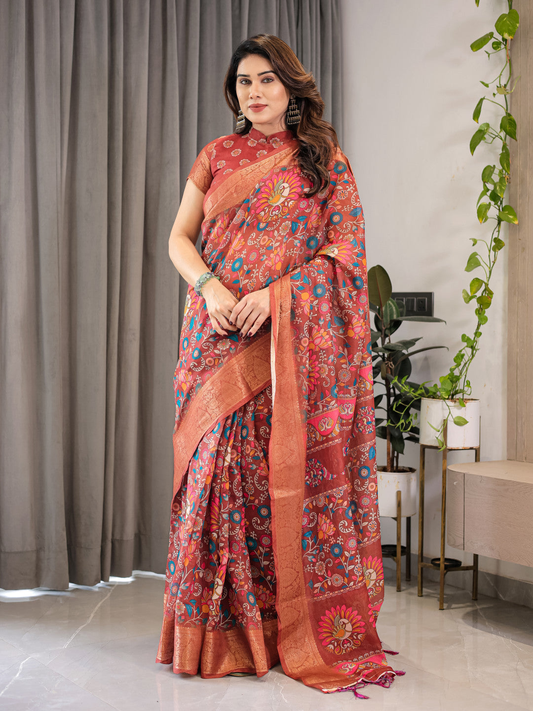 Maroon Kalamkari Digital Printed Linen Cotton Saree