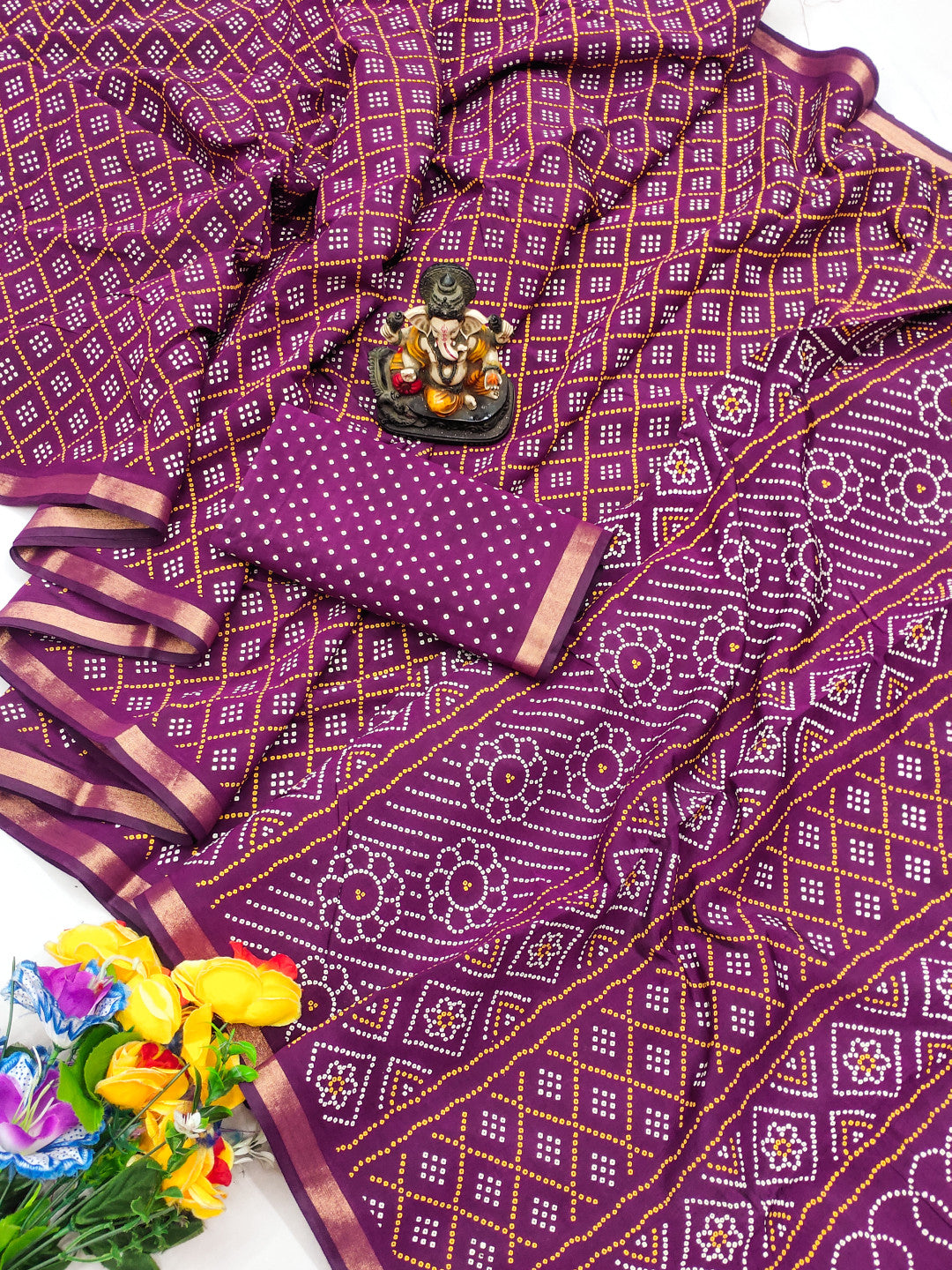 Magenta Bandhej Printed Soft Cotton Saree With Zari Border
