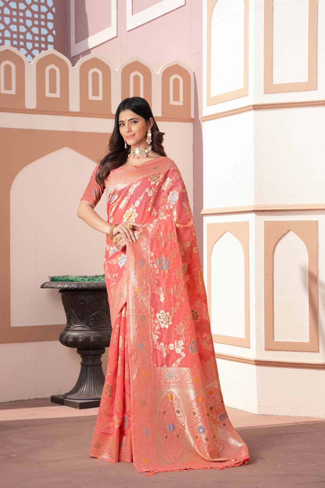 Peach Banarasi Cotton Silk Saree With Zari Woven Work