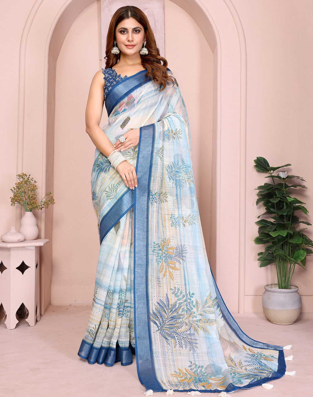 Multi Linen Cotton Saree With Digital Printed Work And Silver Zari Border