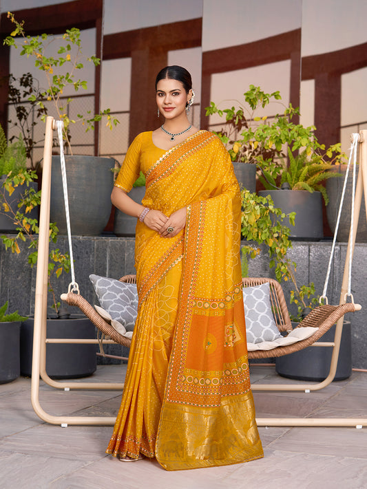 Yellow Stylist Soft Cotton Saree With Unique Table Printed & Lace Border