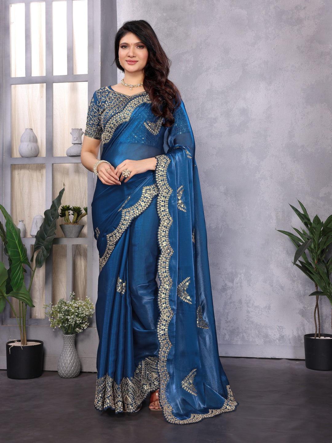 Blue Fancy Shimmer Chiffon Saree With Embroidery Work
