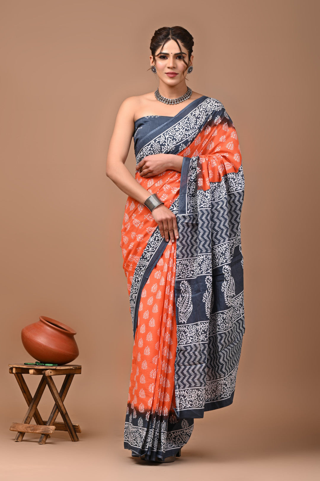 Multi Pure Mulmul Cotton Saree With Bagru Hand Block Printed Work