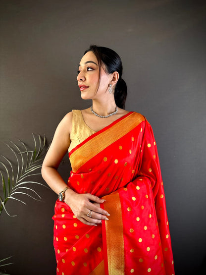 Red Traditional Paithani Silk Saree With Zari Weaving Work