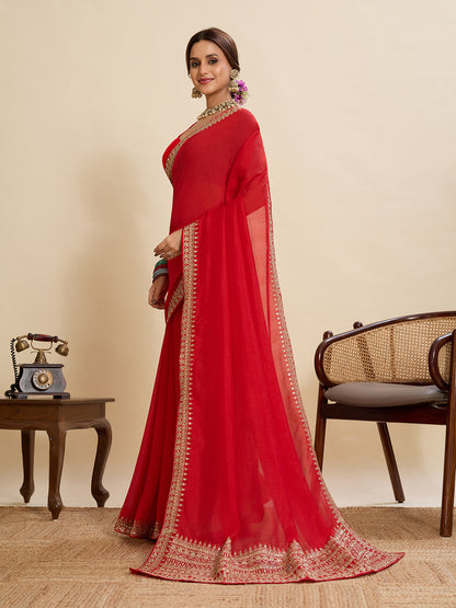 Red Soft Vichitra Silk Saree With Embroidery Work