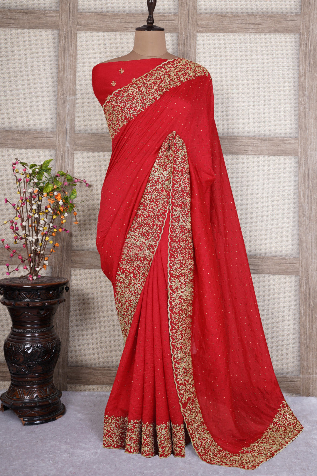 Red Color Soft Vichitra Silk Saree With Embroidery Work