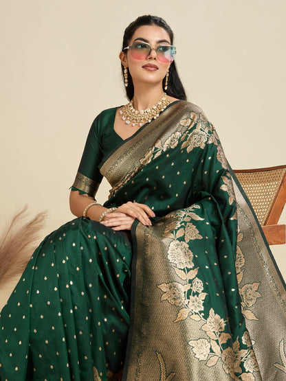 Dark Green Kanjivaram Silk Saree With Zari Weaving Border & Designer Rich Pallu