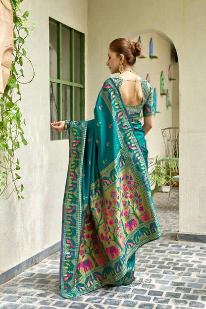 Traditional Rama Green Paithani Silk Saree With Zari Weaving Work