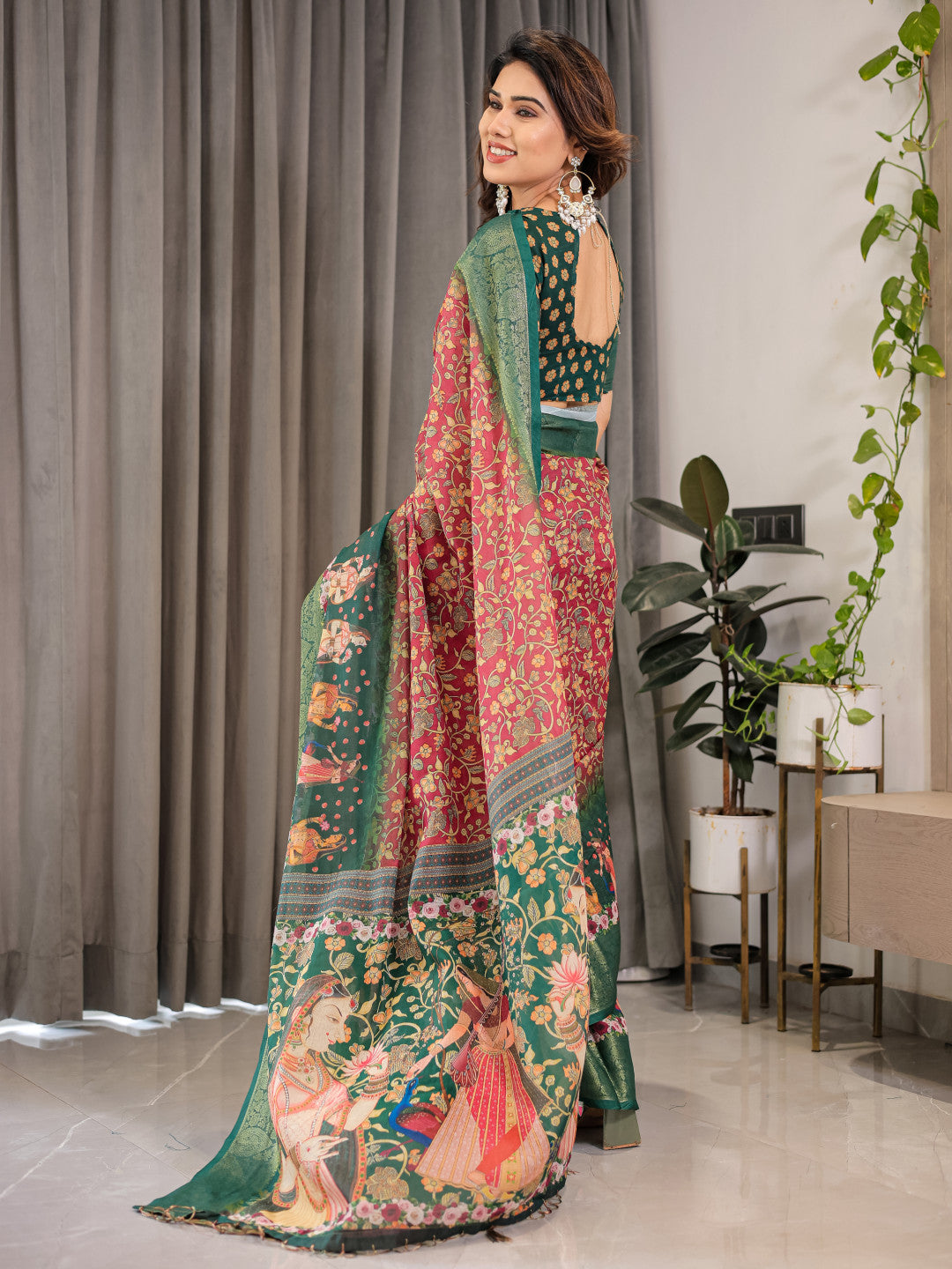 Multi Kalamkari Digital Printed Linen Cotton Saree