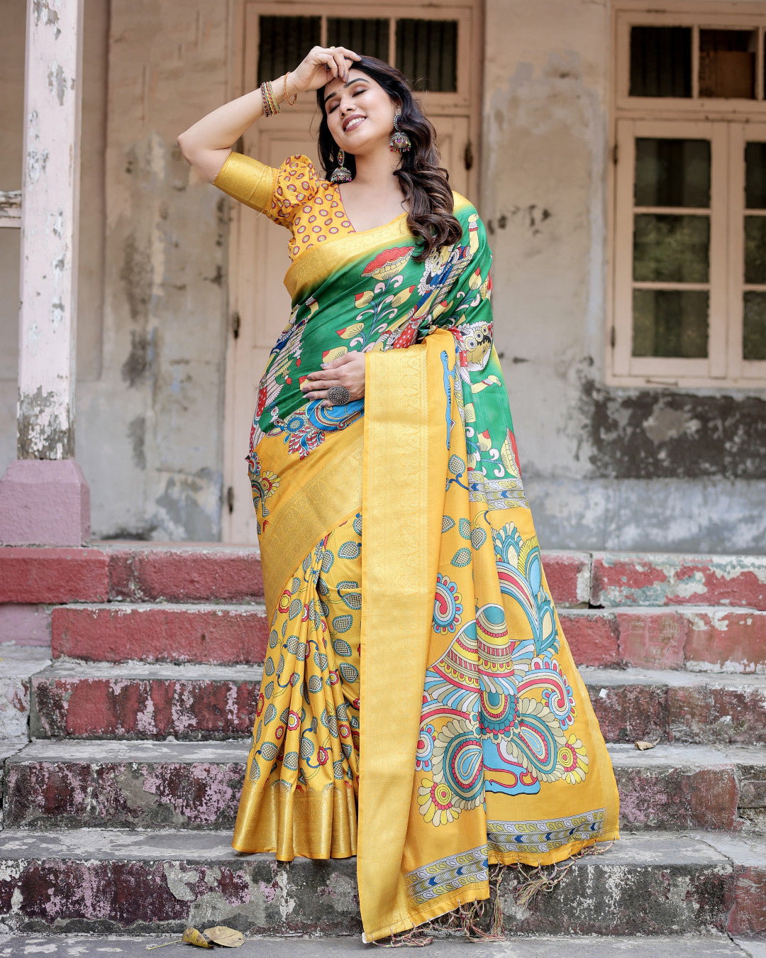 Multi Kalamkari Digital Printed Tussar Silk Saree With Zari Motif Border