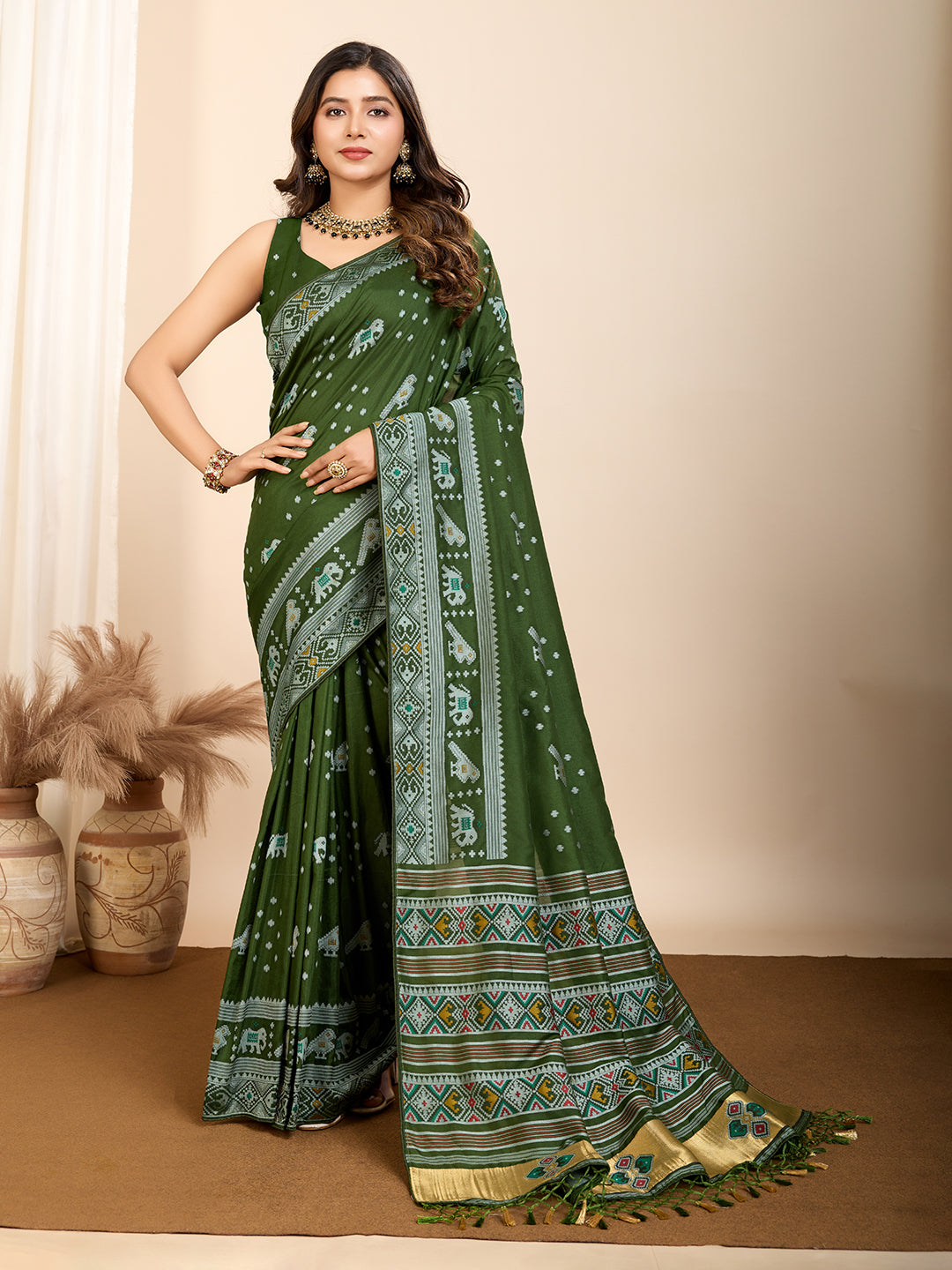 Traditional Muslin Dola Silk Saree With Meenakari Zari Weaving Work