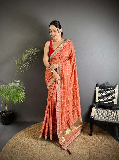 Orange Traditional Blooming Vichitra Khadi Bandhej Silk Saree With Sequence Work