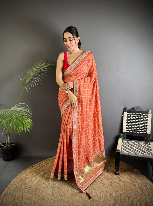 Orange Traditional Blooming Vichitra Khadi Bandhej Silk Saree With Sequence Work